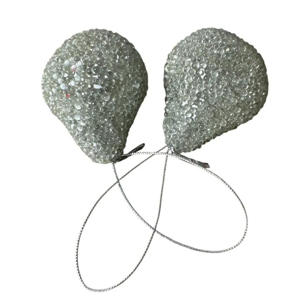 2 Vintage Beaded Pear Ornaments Clear Beads with Silver Christmas Holiday 2.5 in